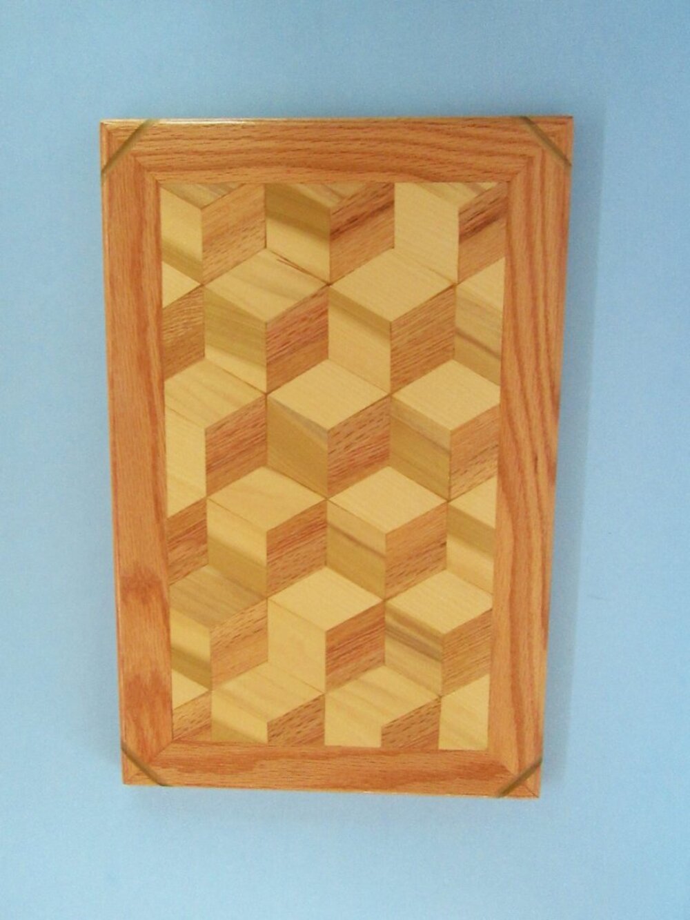 Hand Crafted wood wall plaque - poplar & red oak - geometric design - 17"